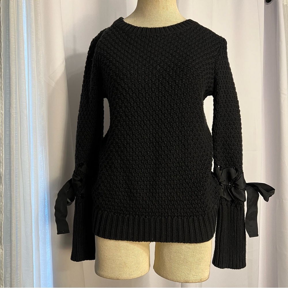 Kaari Blue Women XS Sweater Pullover Cable Open Knit Black Ribbon Bow Cuff